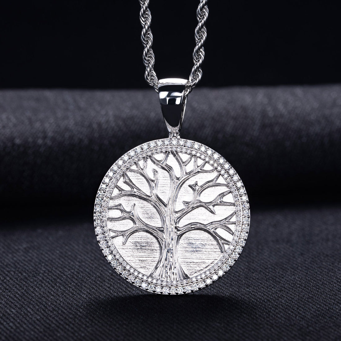 Minimalist Tree of Life Moissanite pendant in K White on a 60cm stainless steel chain.