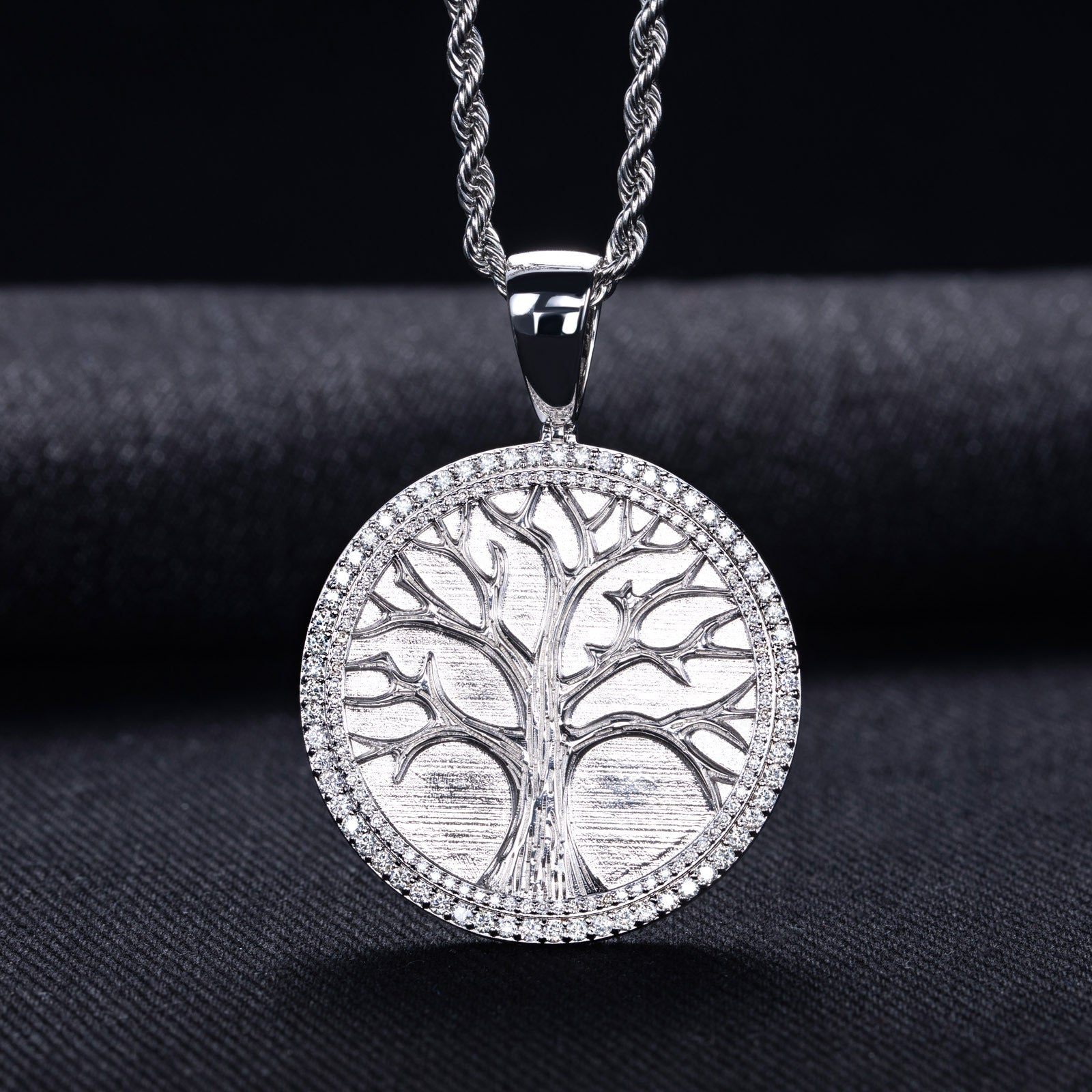 Minimalist Tree of Life Moissanite pendant in K White on a 60cm stainless steel chain.