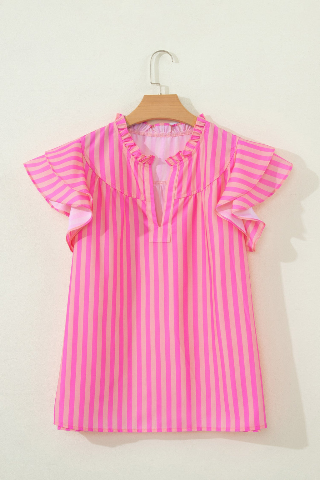 Juniper Striped V-Neck Ruffled Summer Blouse in Pink & Peach