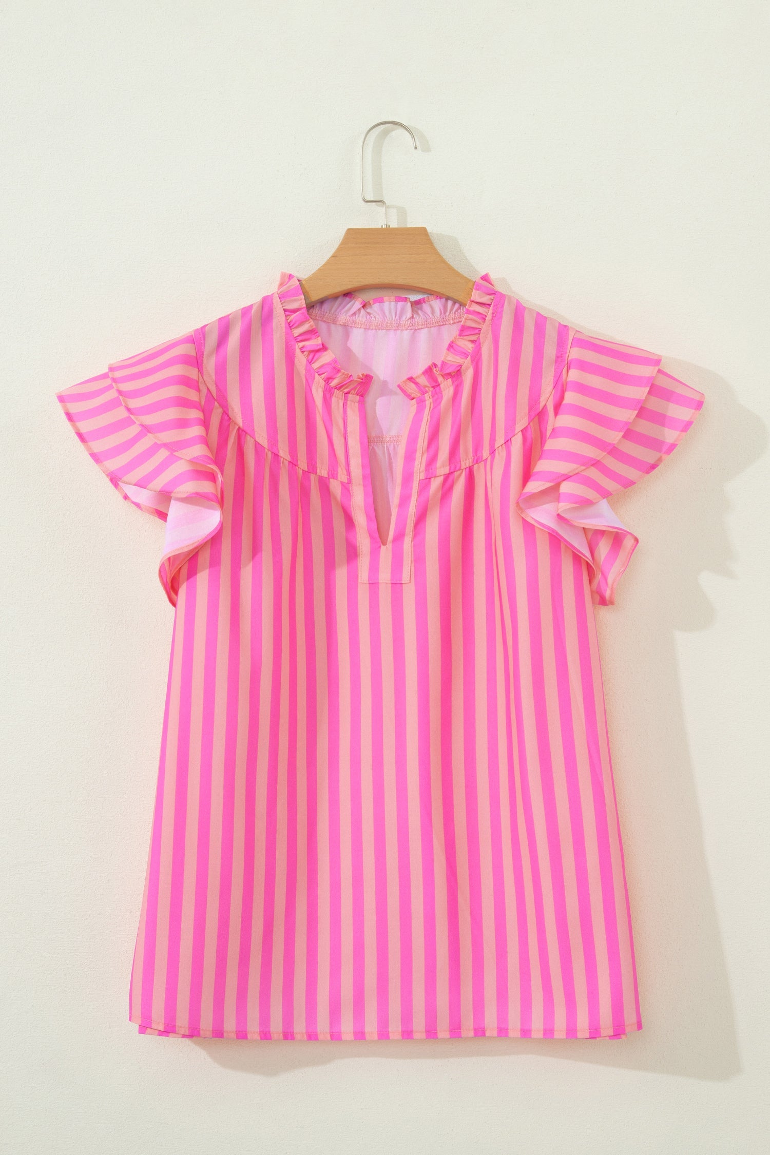 Juniper Striped V-Neck Ruffled Summer Blouse in Pink & Peach
