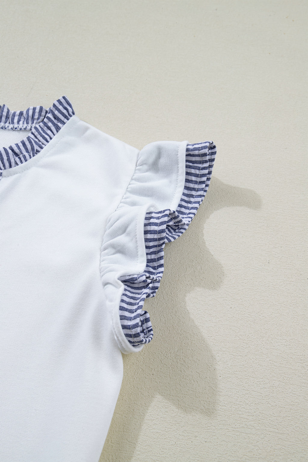 White Contrasted Striped Patchwork Split Neck Ruffle Trim Sleeveless Dress
