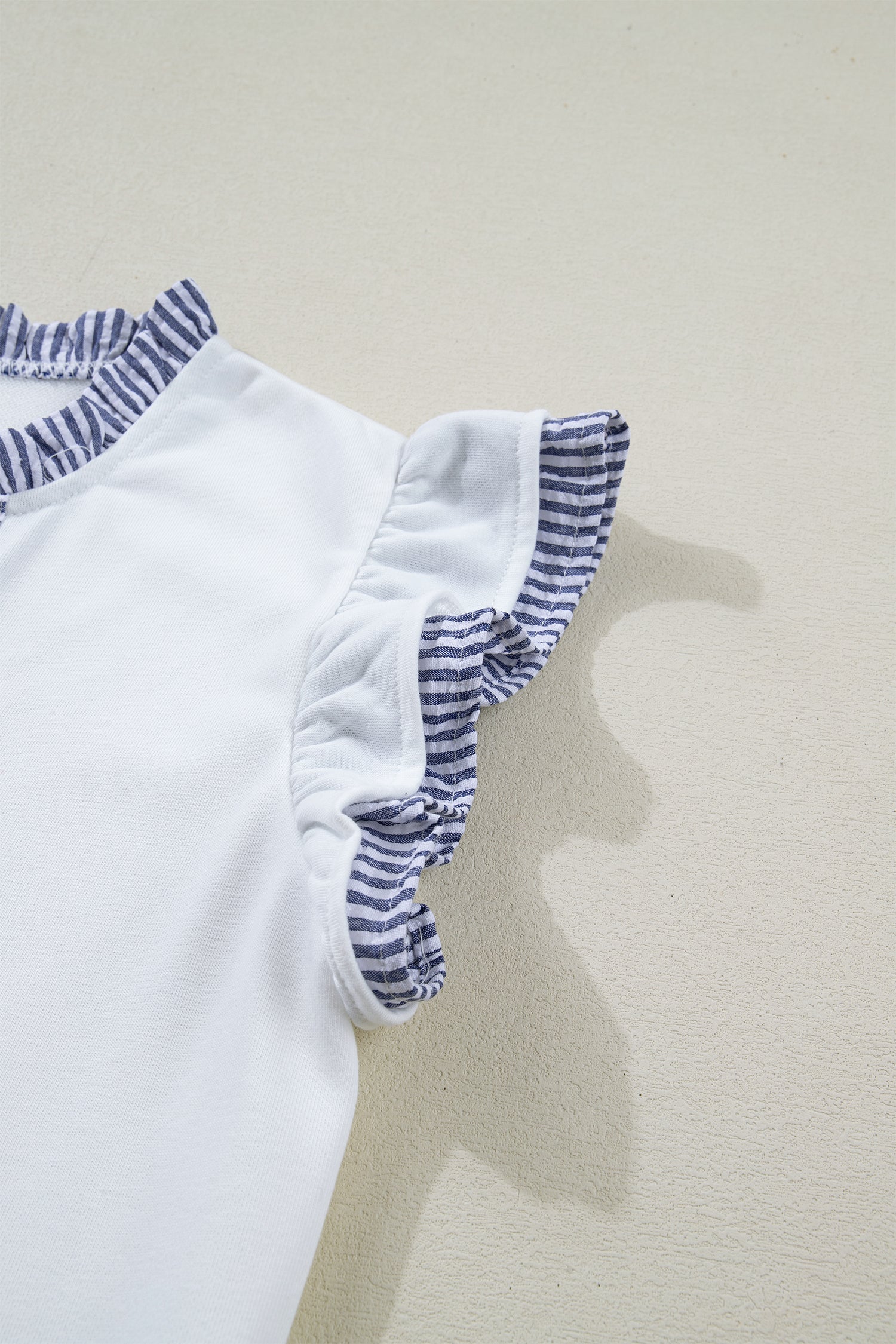 White Contrasted Striped Patchwork Split Neck Ruffle Trim Sleeveless Dress