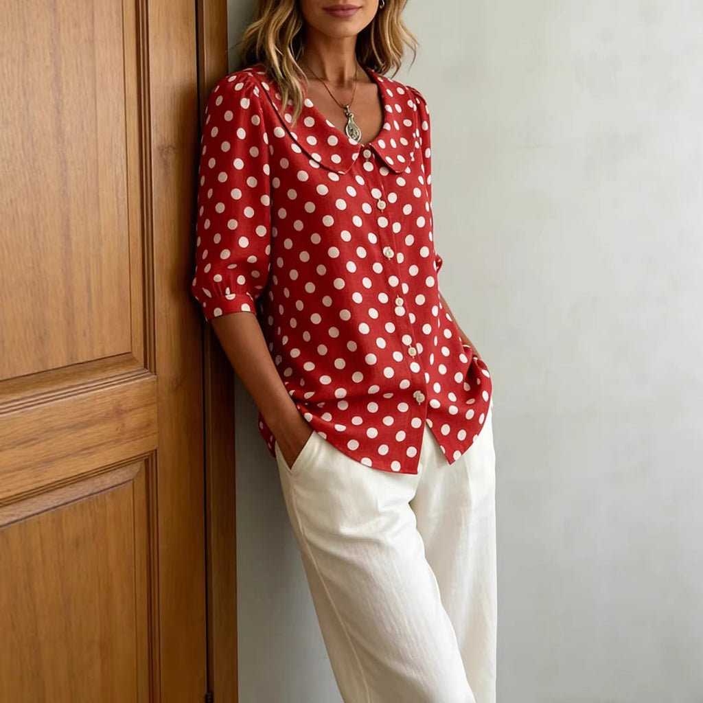 Women's Red Retro Polka Dot Three-Quarter Sleeve Button Down Shirt - Image 3