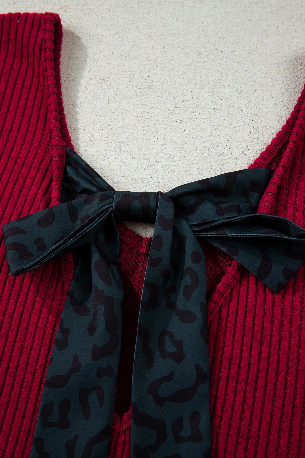 Leopard Bow Back Ribbed Knit Long Sleeve Top