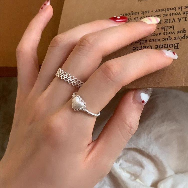 S925 Sterling Silver Brushed Love Heart Ring For Women, INS Korean Sweet Style, Versatile Niche Lace Edge Open Ring