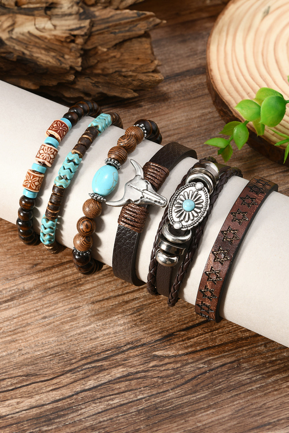 Chestnut 6 Piece Western Bull Skull Turquoise Beading Bracelet