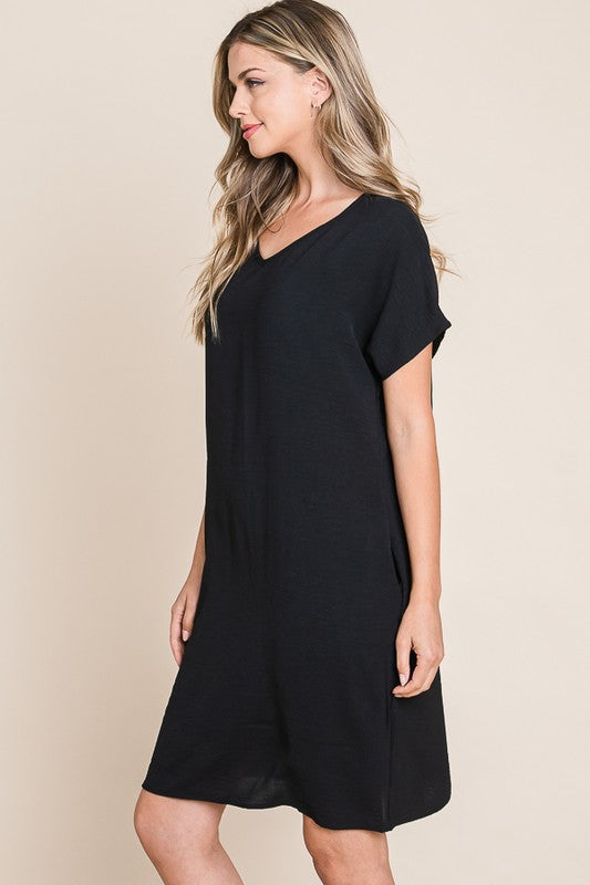V-Neck Short Sleeve Casual Dress with Pockets