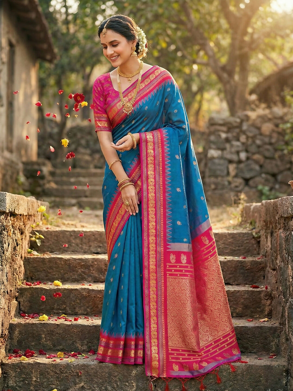 Blue Soft Silk Saree with Matching Blouse Piece