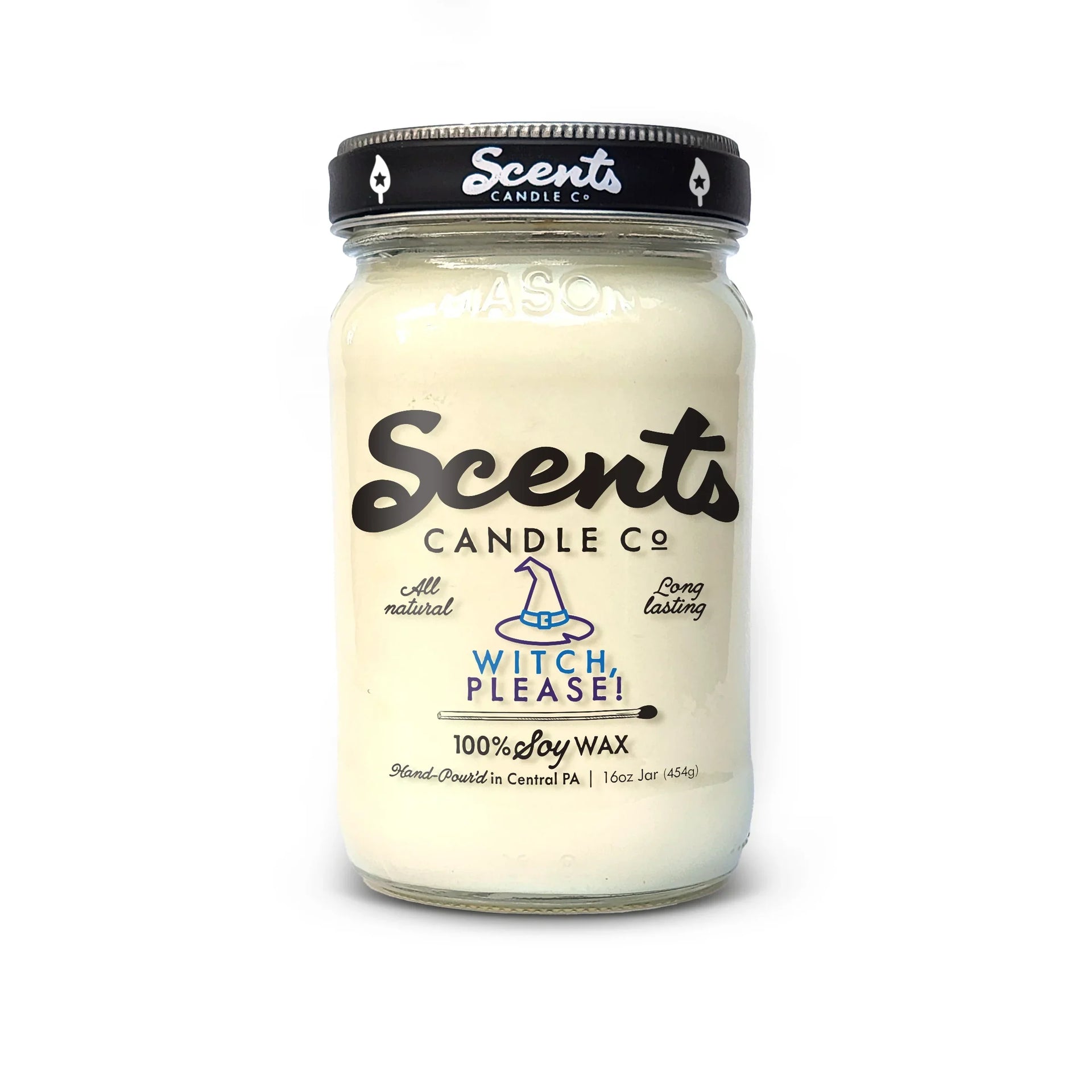 Witch Please scented soy wax candle in a clear mason jar with a black lid and white label.
