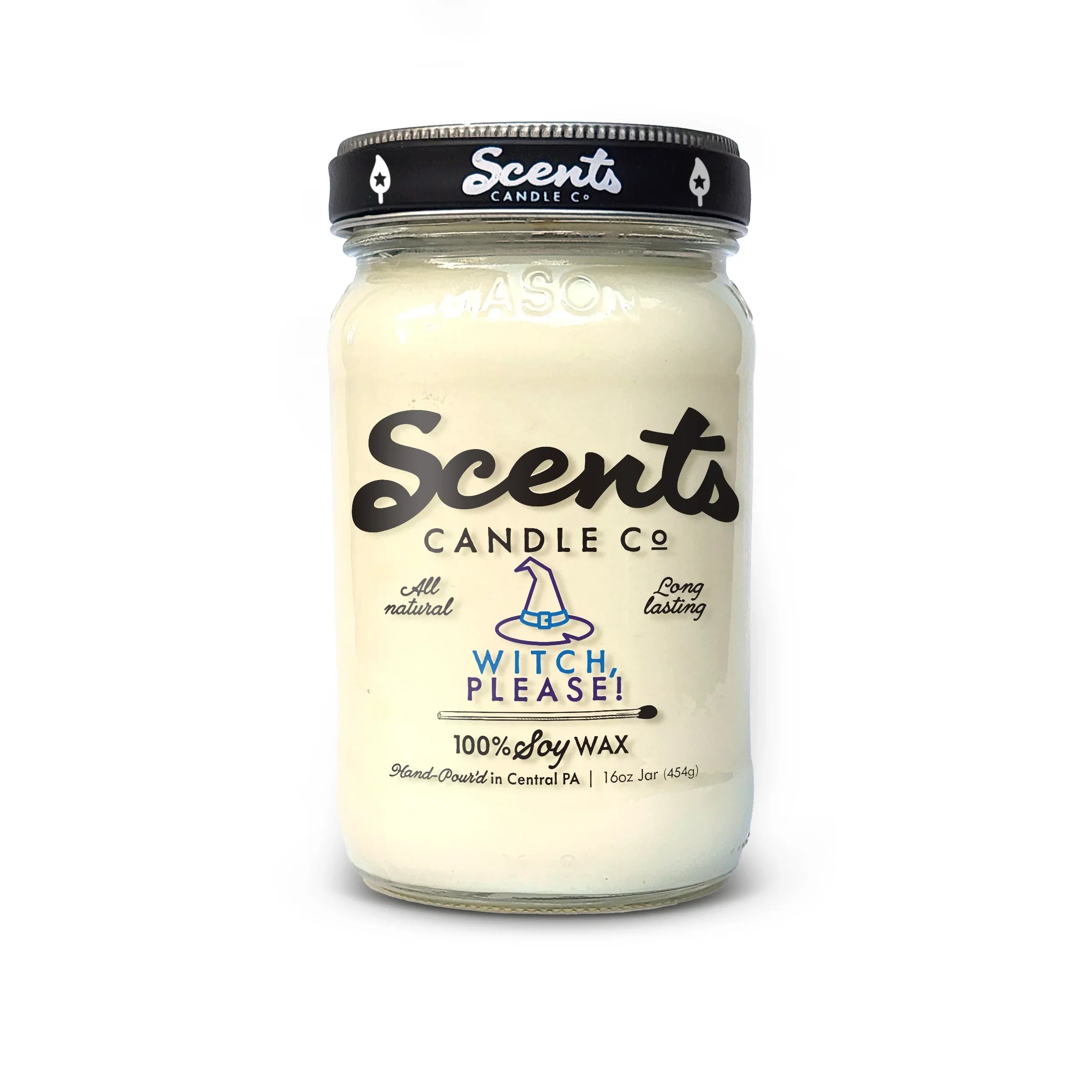 Witch Please scented soy wax candle in a clear mason jar with a black lid and white label.