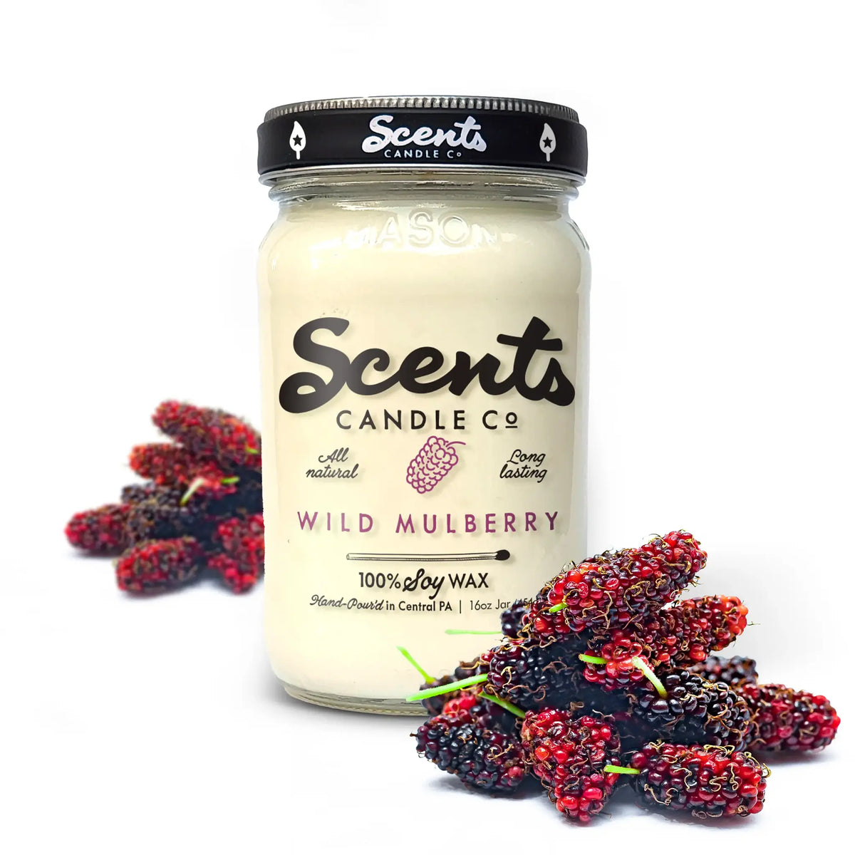 A premium soy wax candle in Wild Mulberry scent featuring orange, cherry, and peach notes.