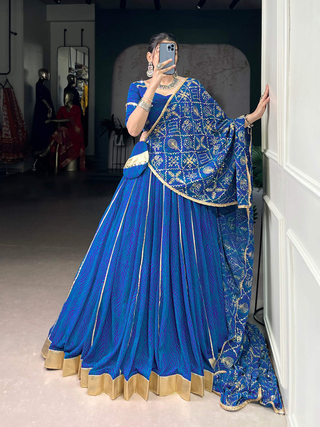 Blue Georgette Bandhej Print Lehenga with Gota Patti Lace