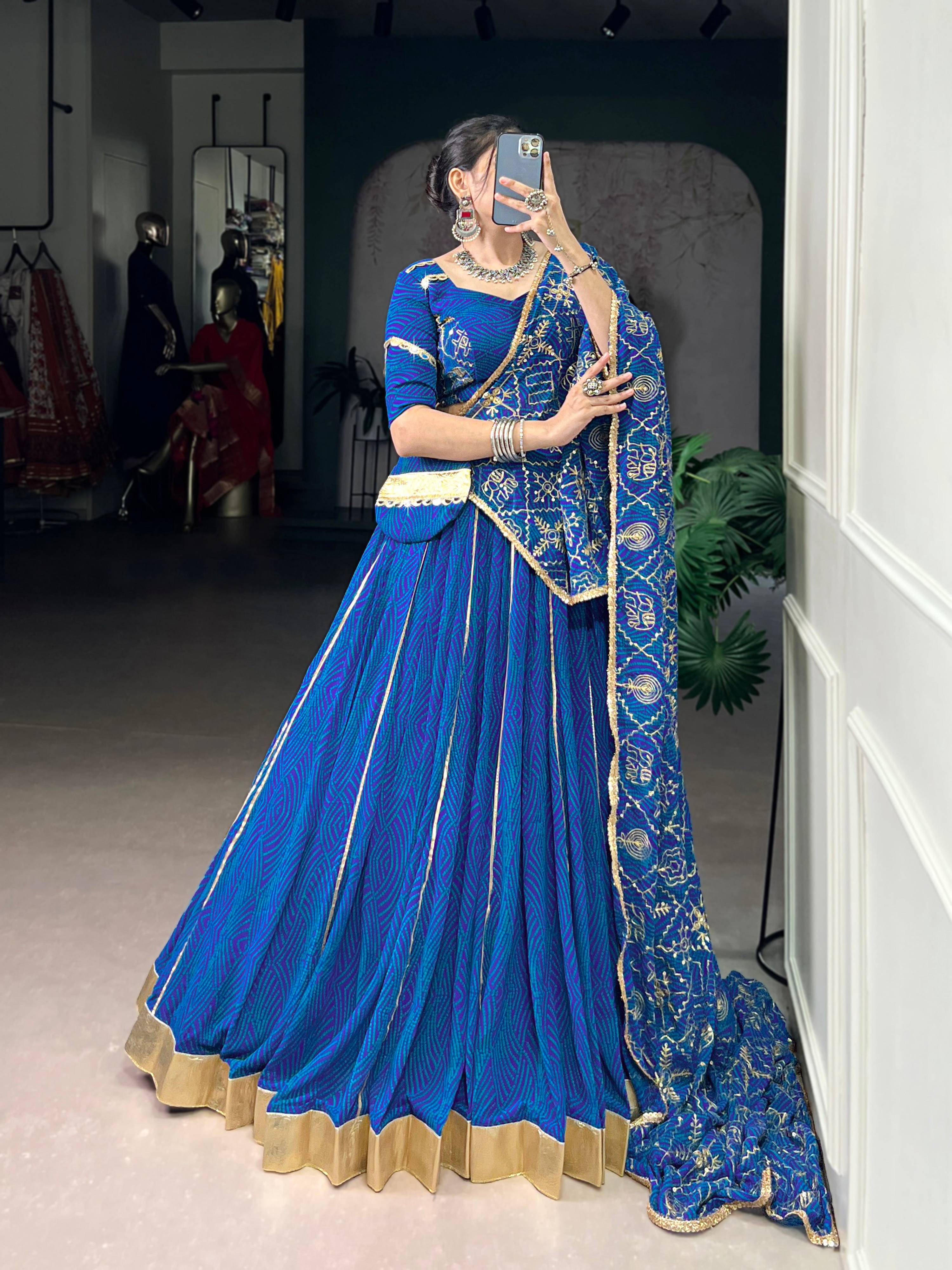 Blue Georgette Bandhej Print Lehenga with Gota Patti Lace