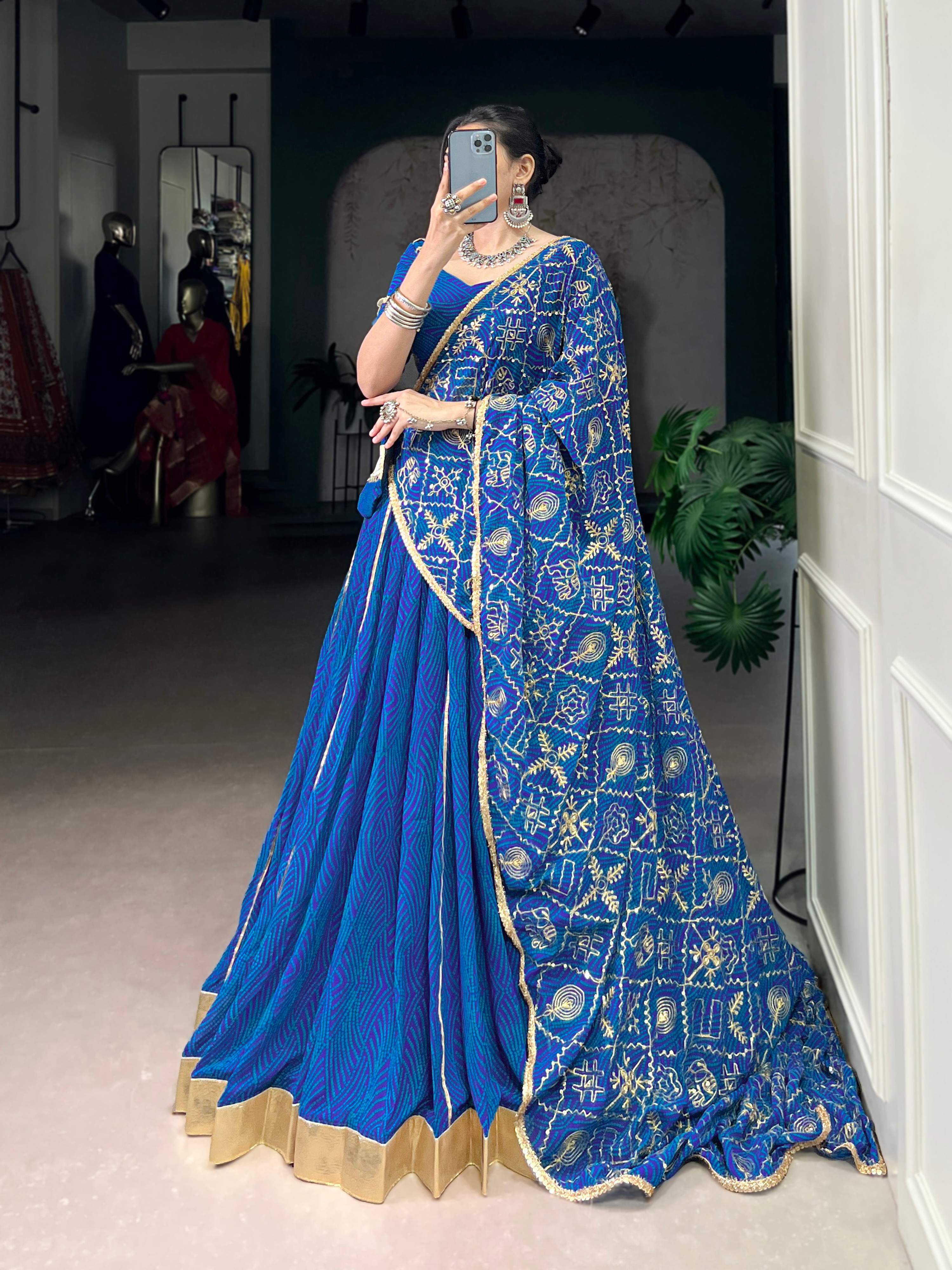 Blue Georgette Bandhej Print Lehenga with Gota Patti Lace