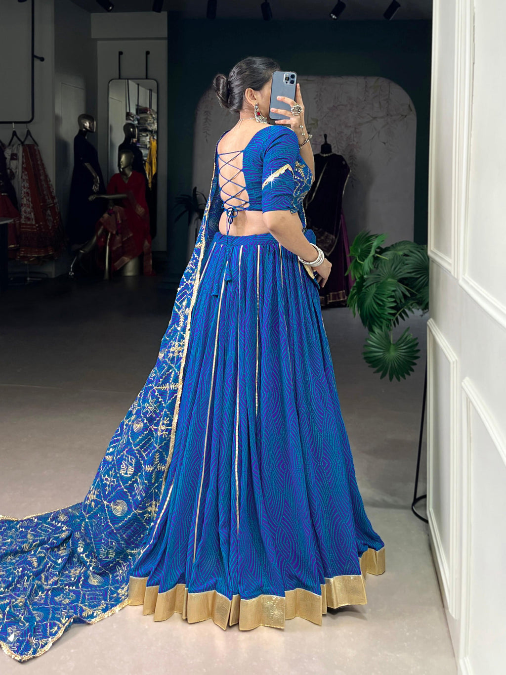 Blue Georgette Bandhej Print Lehenga with Gota Patti Lace