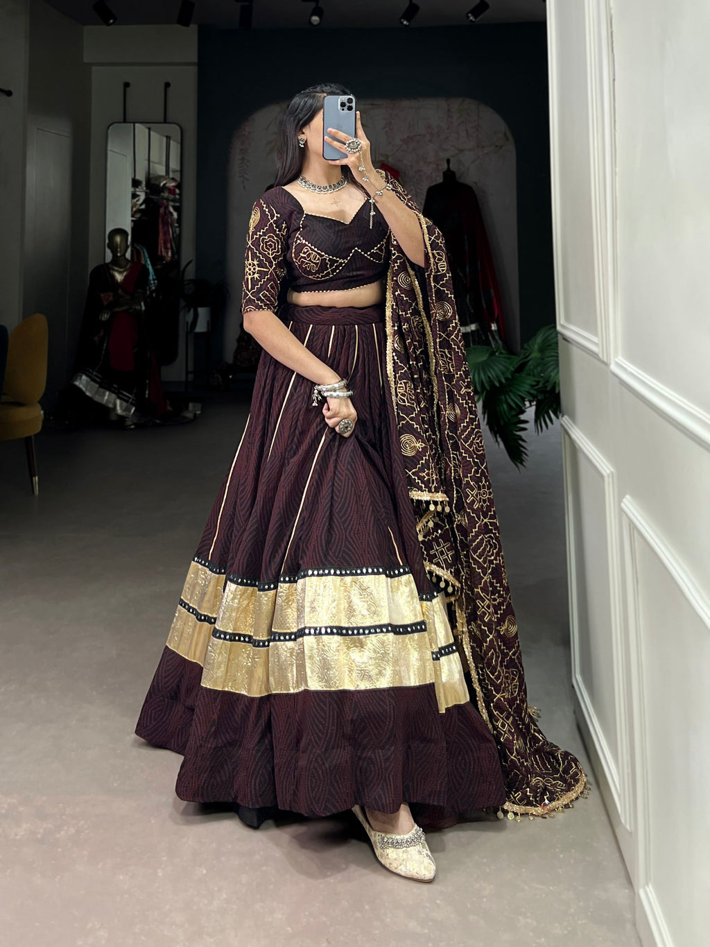 Black and Maroon Bandhej Print Georgette Lehenga with Mirror Work