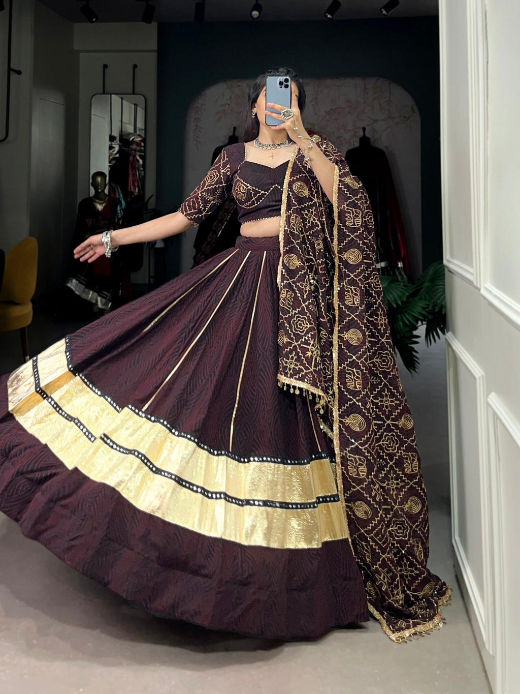 Black and Maroon Bandhej Print Georgette Lehenga with Mirror Work