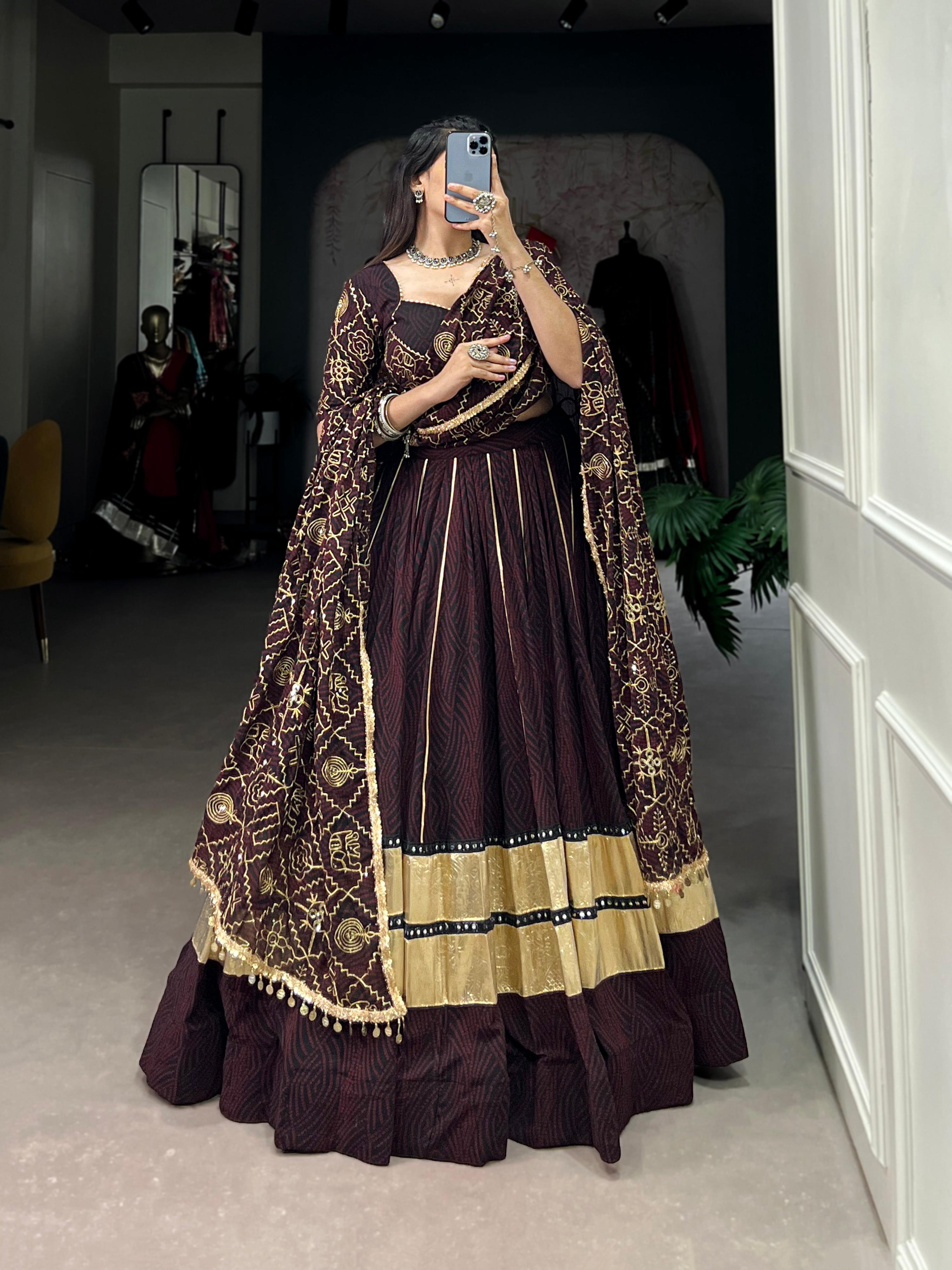 Black and Maroon Bandhej Print Georgette Lehenga with Mirror Work