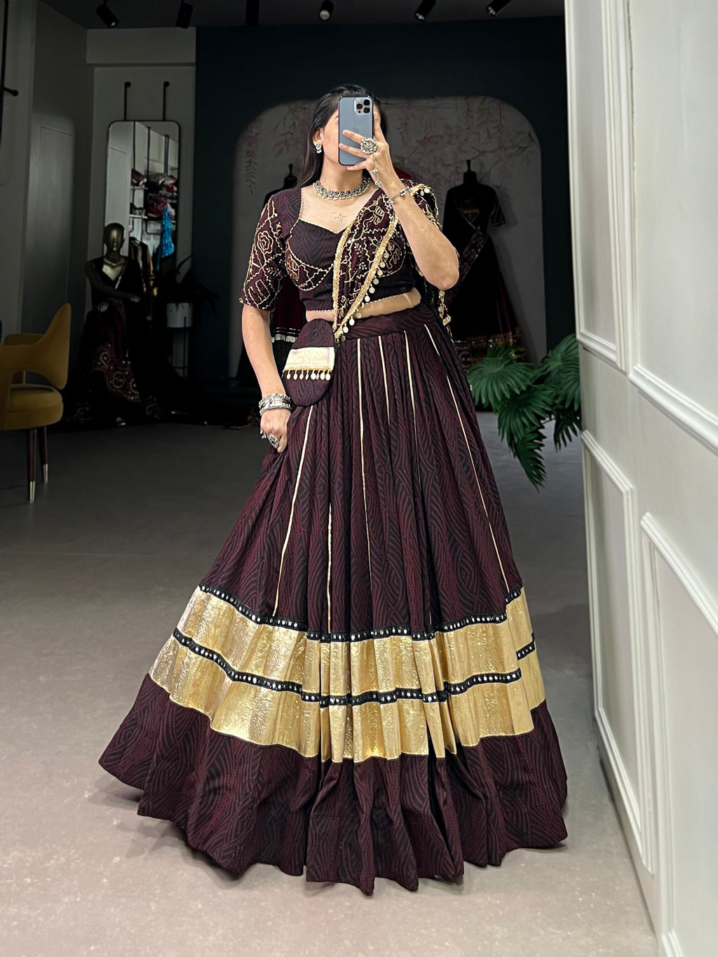 Black and Maroon Bandhej Print Georgette Lehenga with Mirror Work