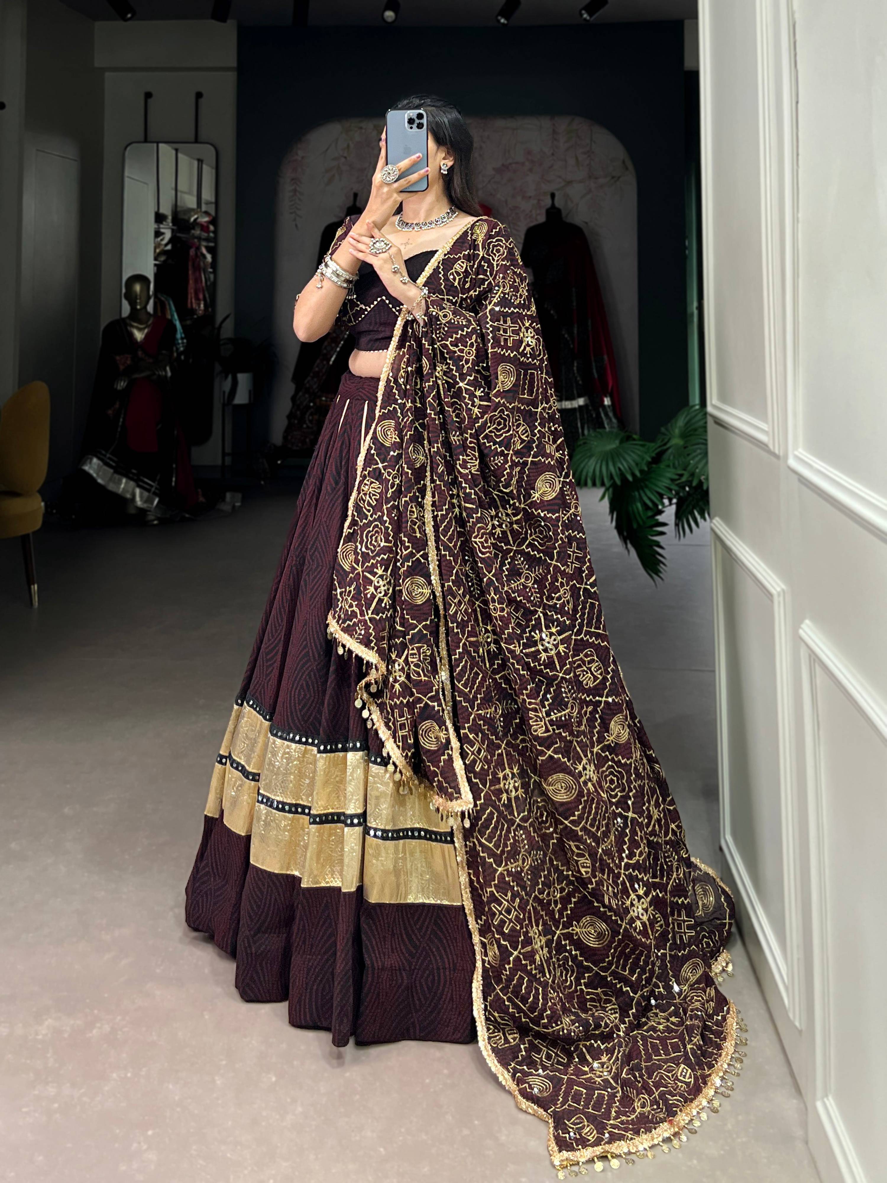 Black and Maroon Bandhej Print Georgette Lehenga with Mirror Work