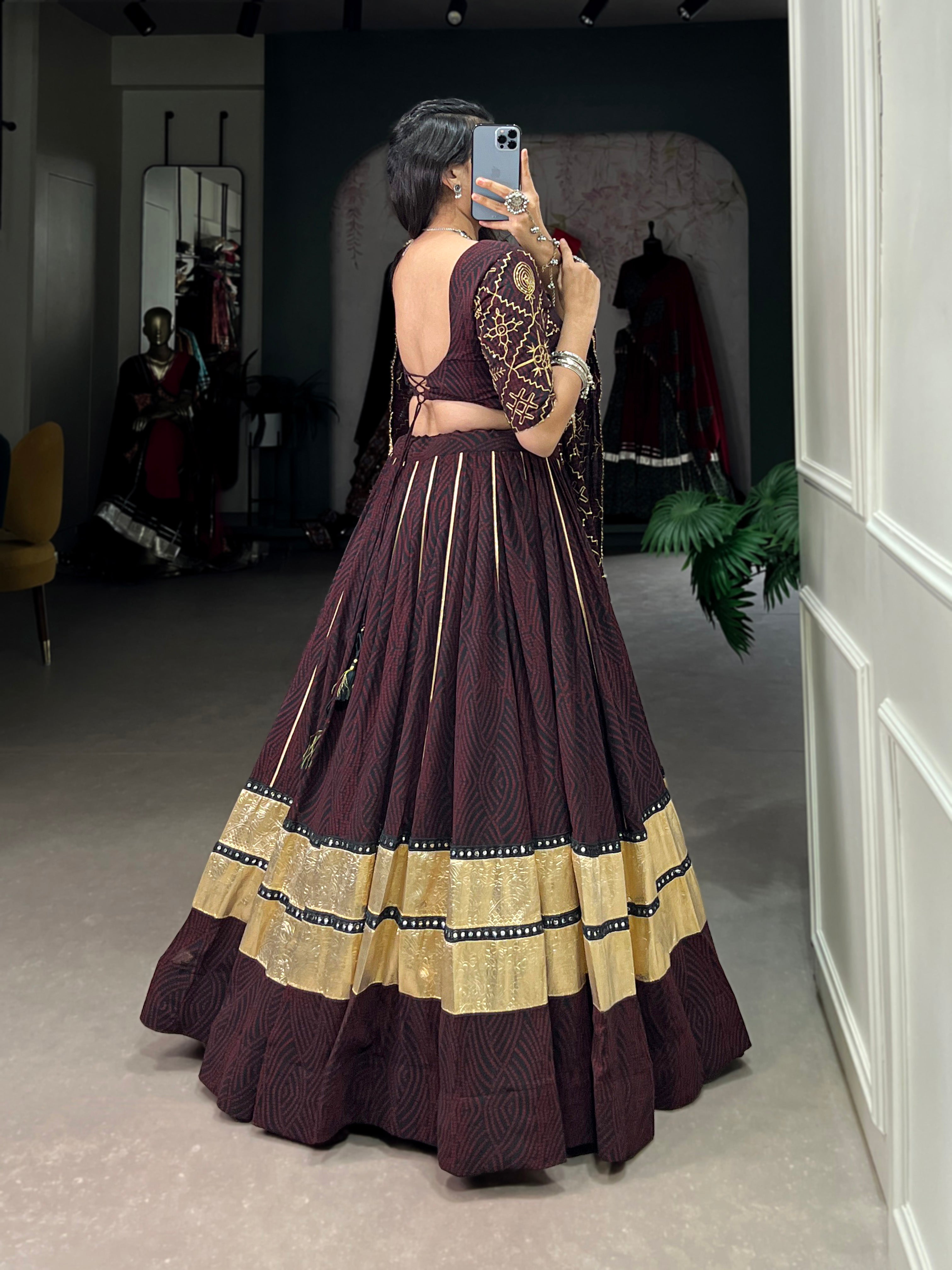 Black and Maroon Bandhej Print Georgette Lehenga with Mirror Work