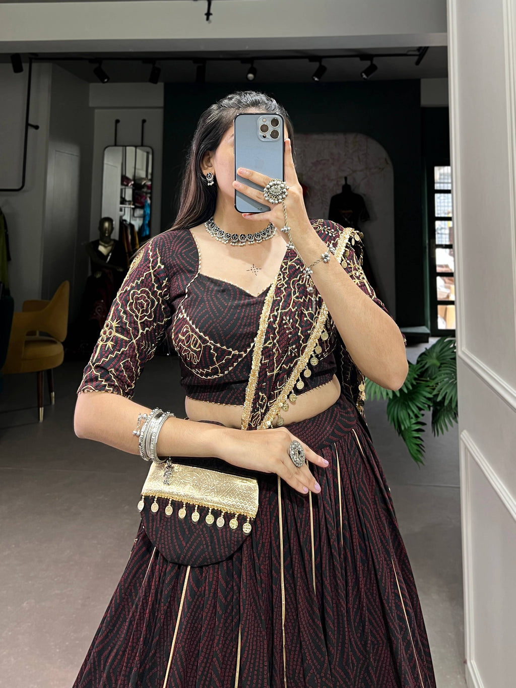 Black and Maroon Bandhej Print Georgette Lehenga with Mirror Work