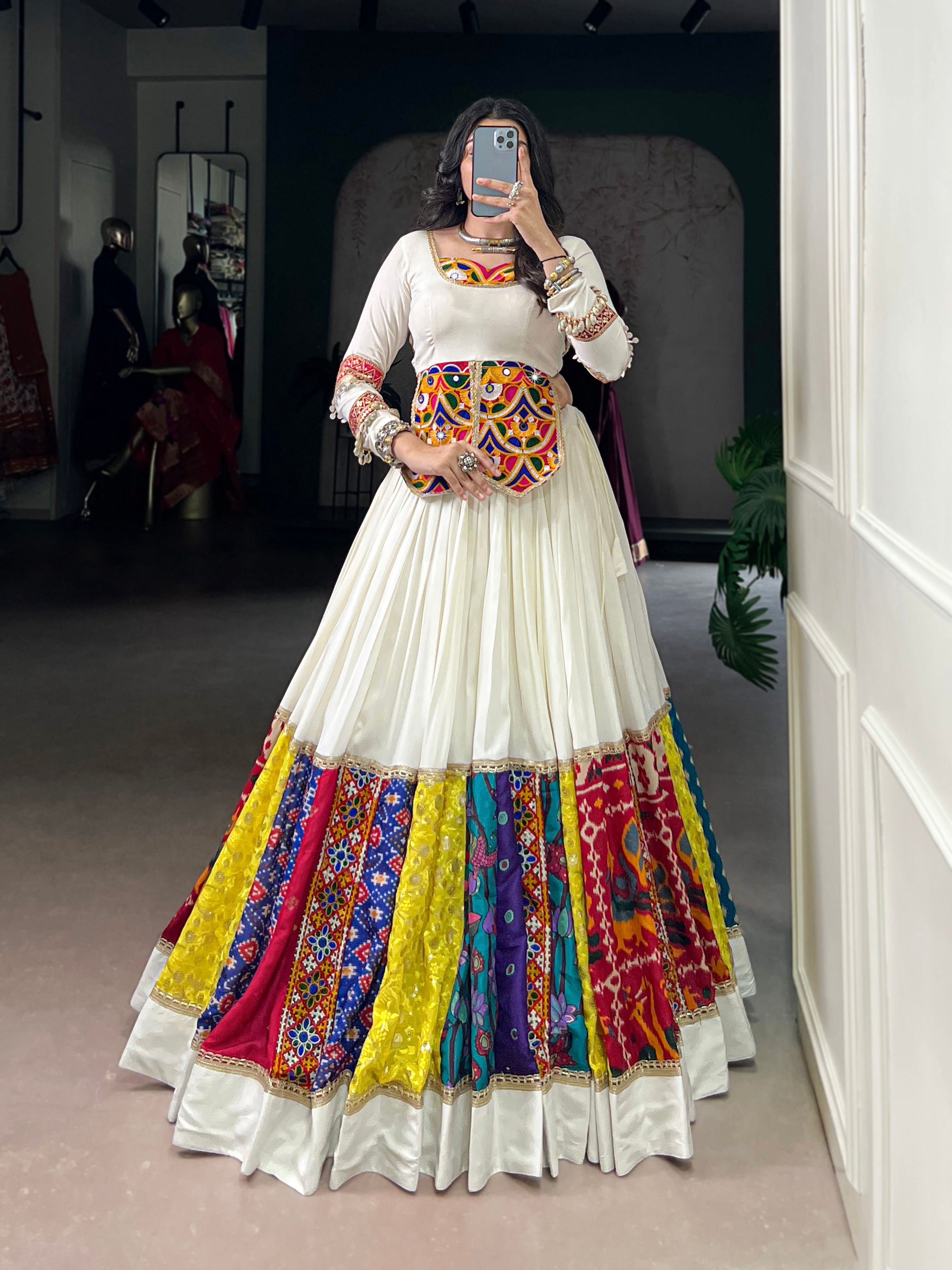 Lorenvalley Fashion White Pure Rayon Multi Colour Patch With Lace Touch Up Lehenga Choli