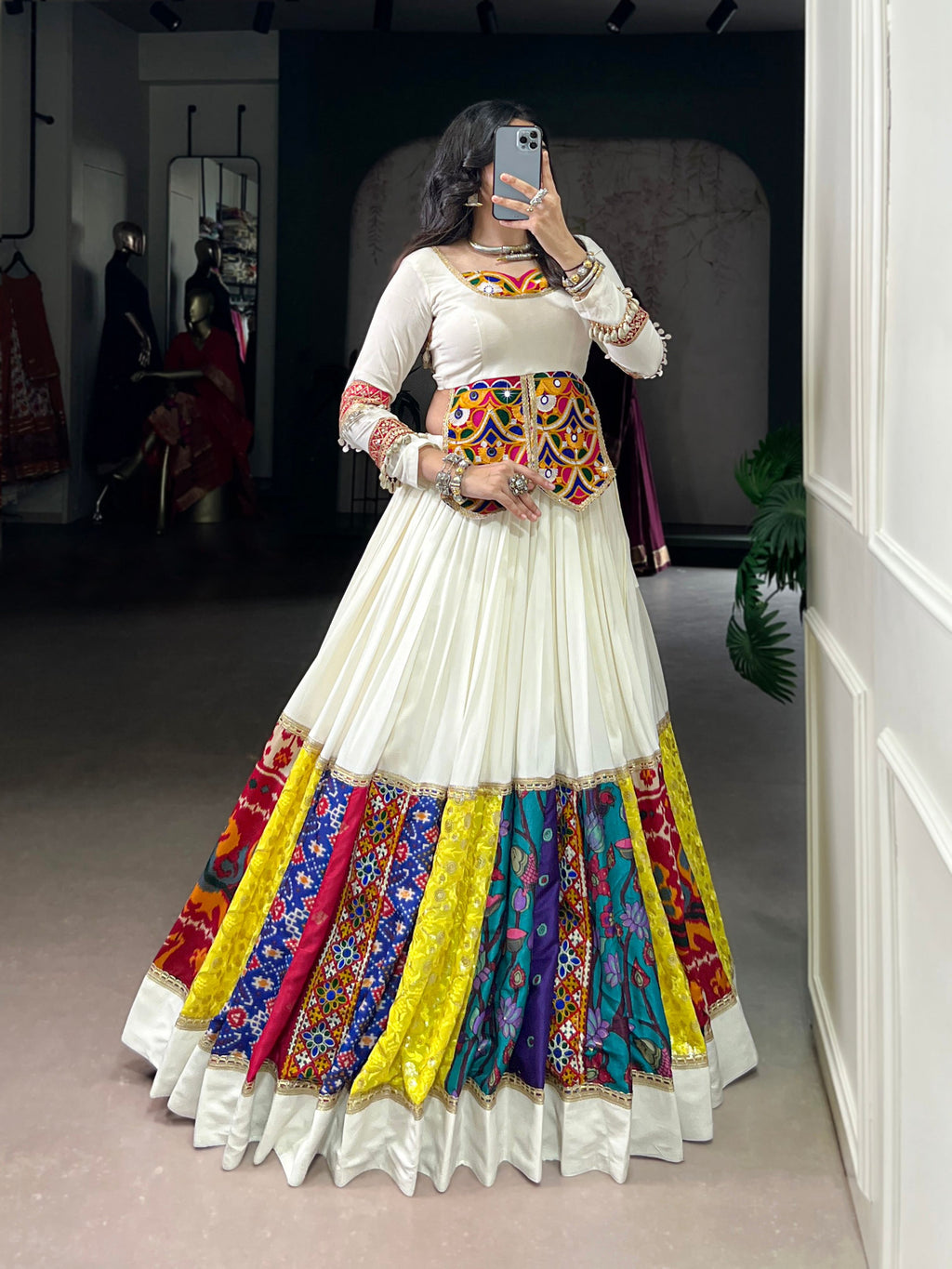 Lorenvalley Fashion White Pure Rayon Multi Colour Patch With Lace Touch Up Lehenga Choli