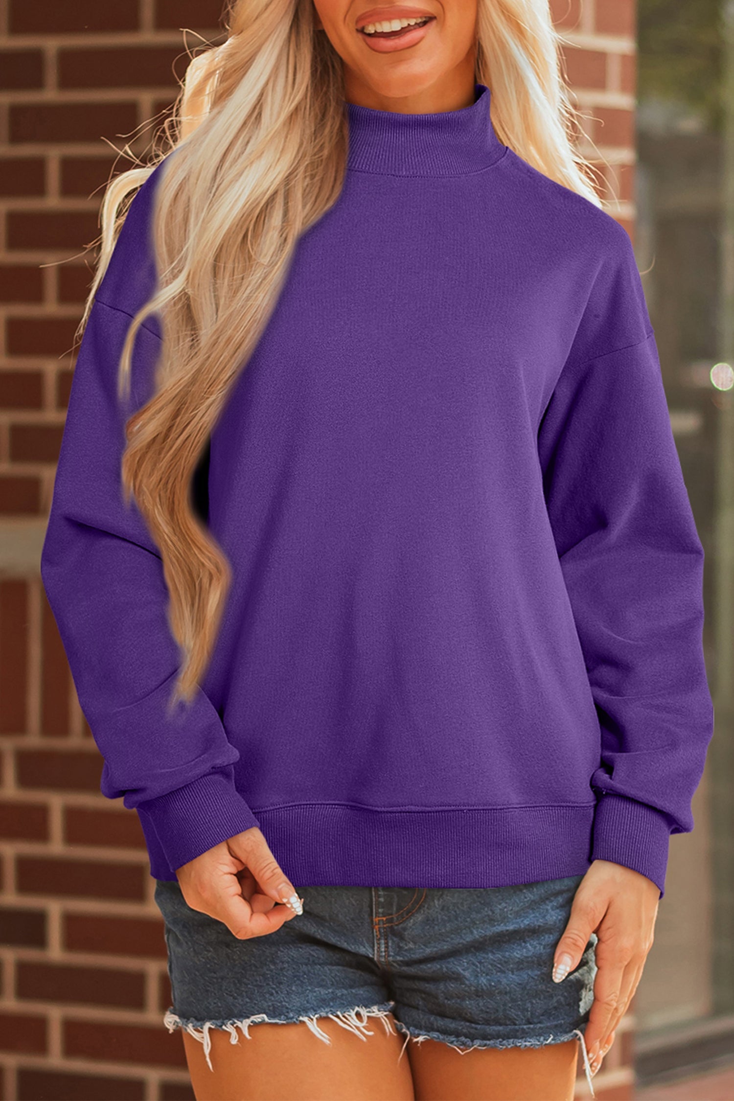 Dark Blue Solid Color Oversized Mock Neck Sweatshirt