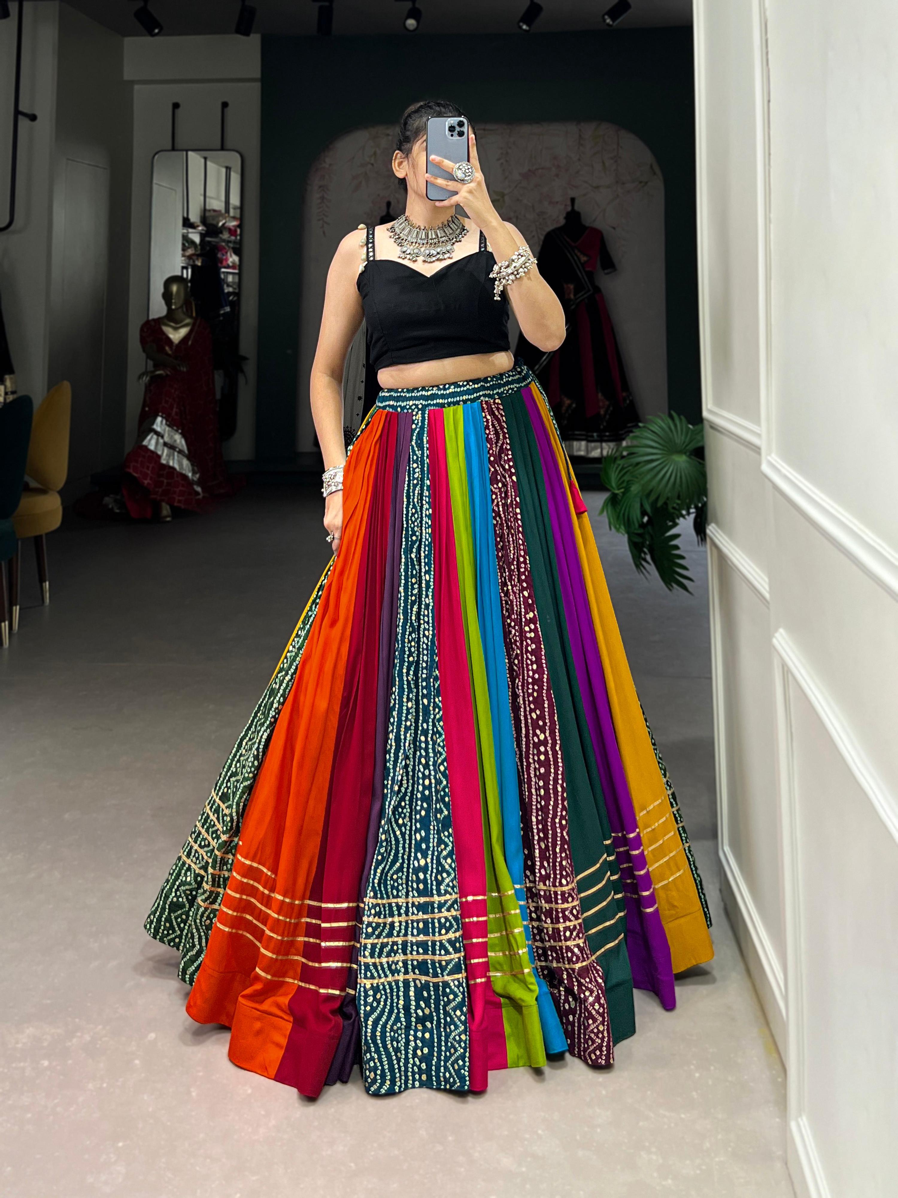 Multicolor Pure Rayon Printed Lehenga Choli with Gota Patti Detail