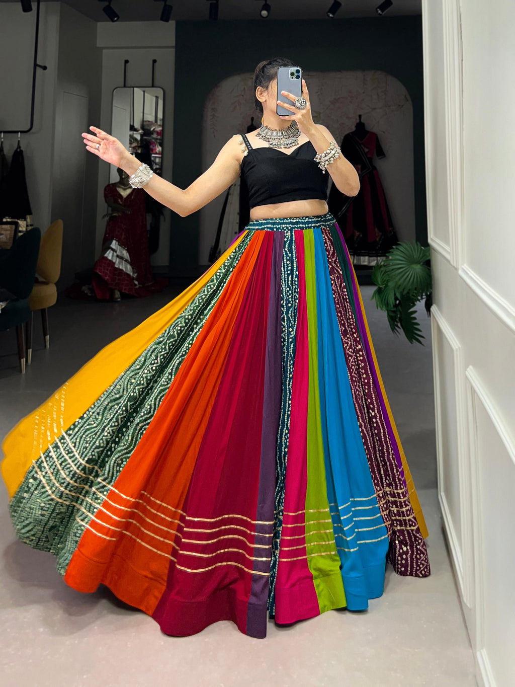 Multicolor Pure Rayon Printed Lehenga Choli with Gota Patti Detail