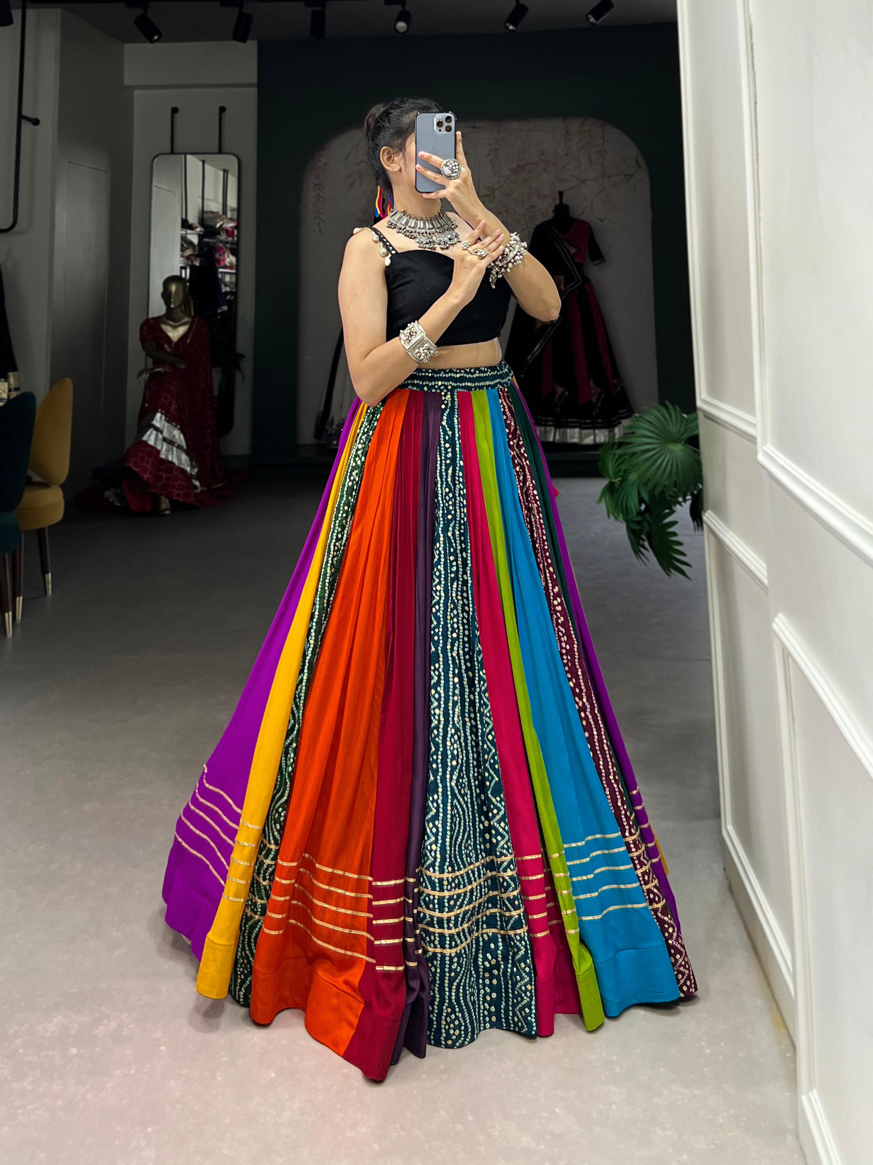 Multicolor Pure Rayon Printed Lehenga Choli with Gota Patti Detail