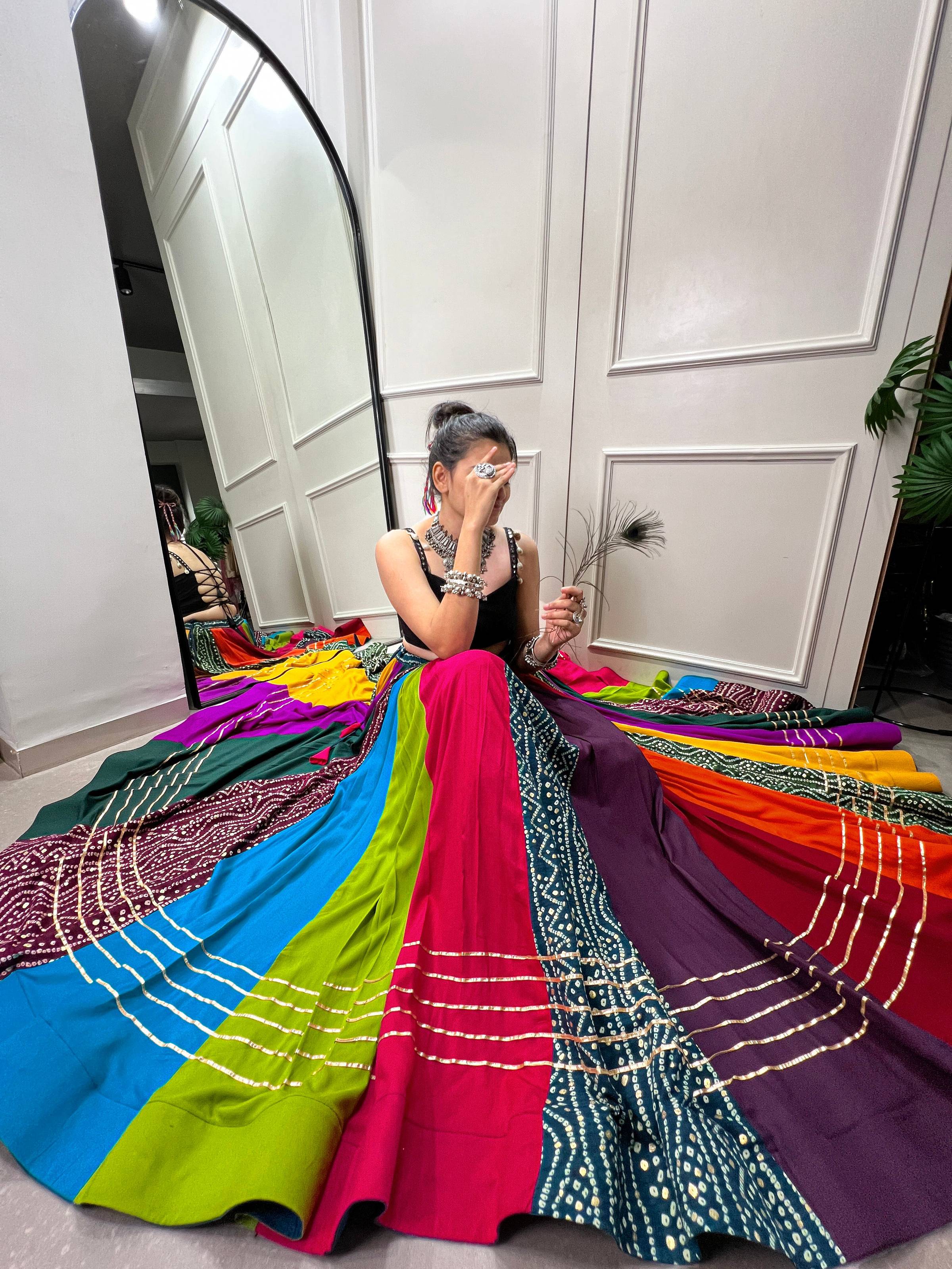 Multicolor Pure Rayon Printed Lehenga Choli with Gota Patti Detail