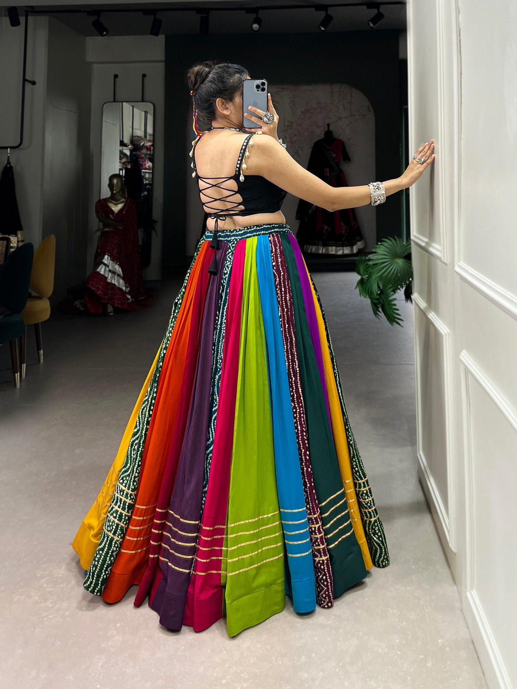 Multicolor Pure Rayon Printed Lehenga Choli with Gota Patti Detail