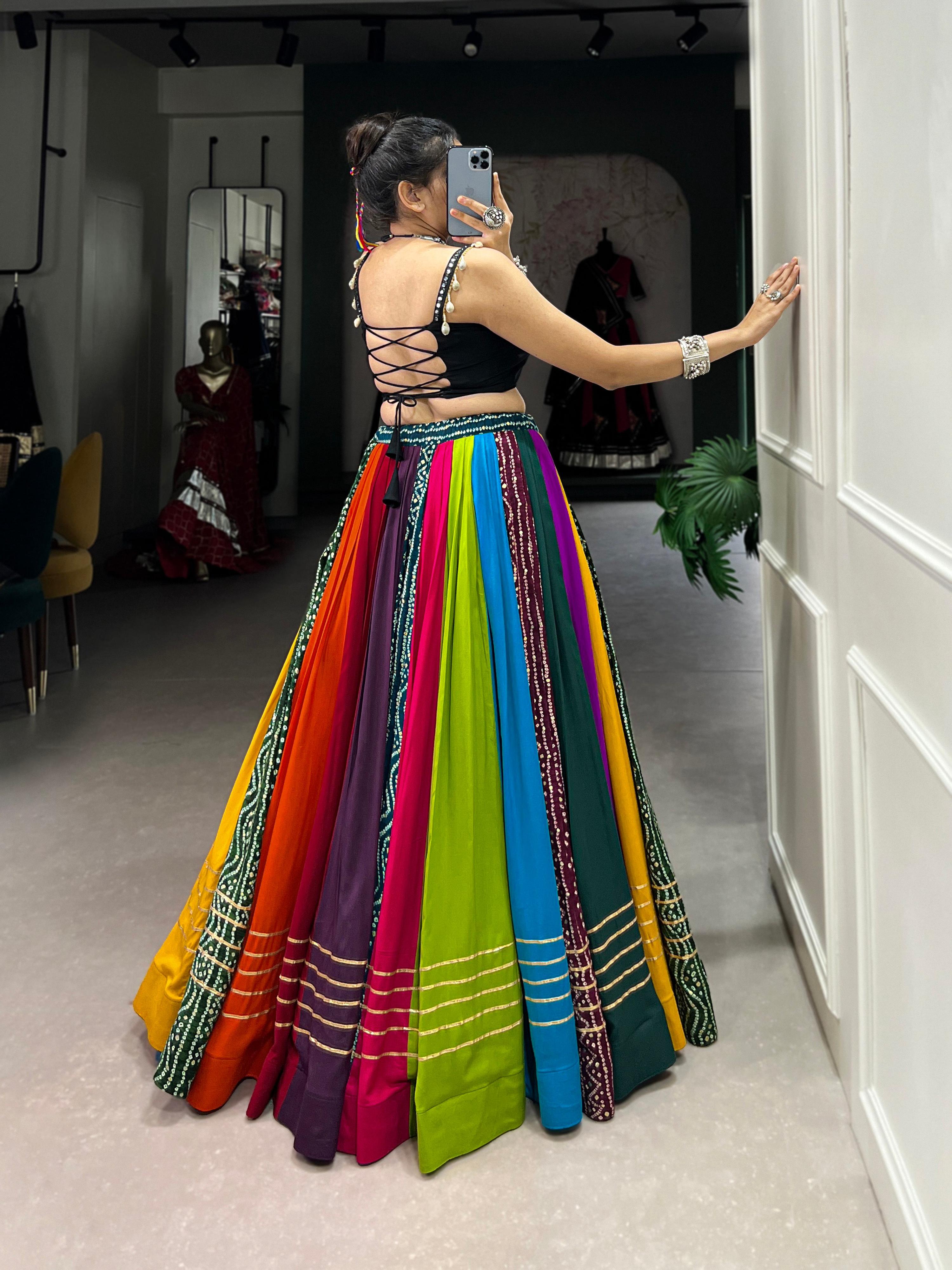 Multicolor Pure Rayon Printed Lehenga Choli with Gota Patti Detail