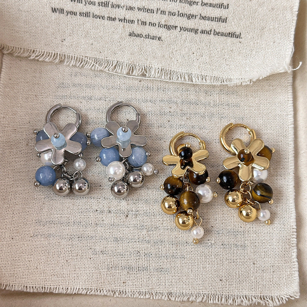 Elegant And Fashionable Tigers Eye Stone Earrings Flower-shaped Ear Clips