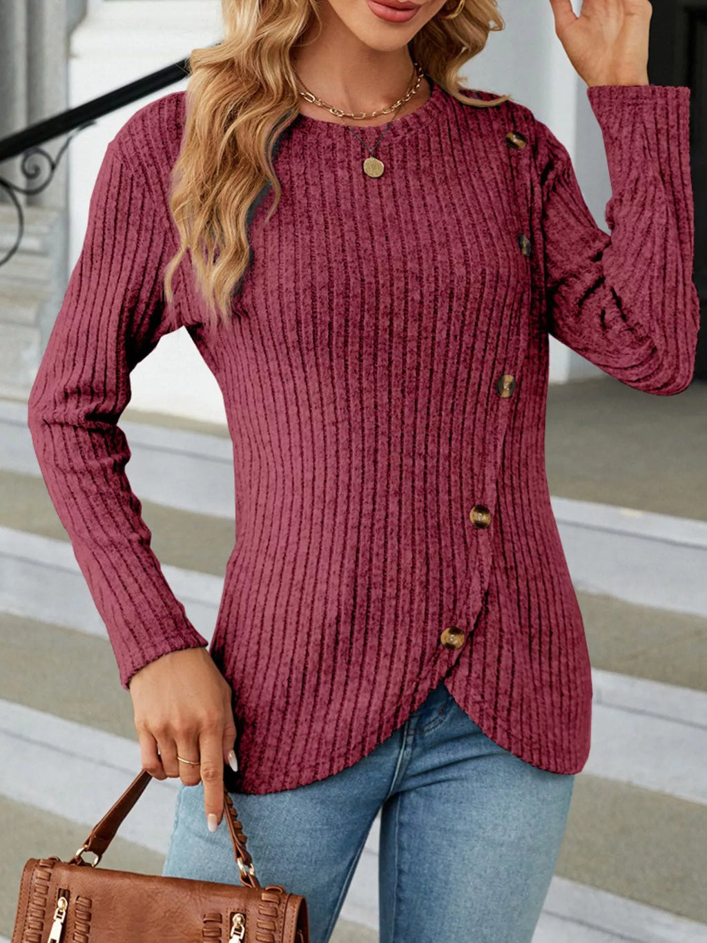 Blue Ribbed Knit Long Sleeve Top with Decorative Button Detail - Image 11
