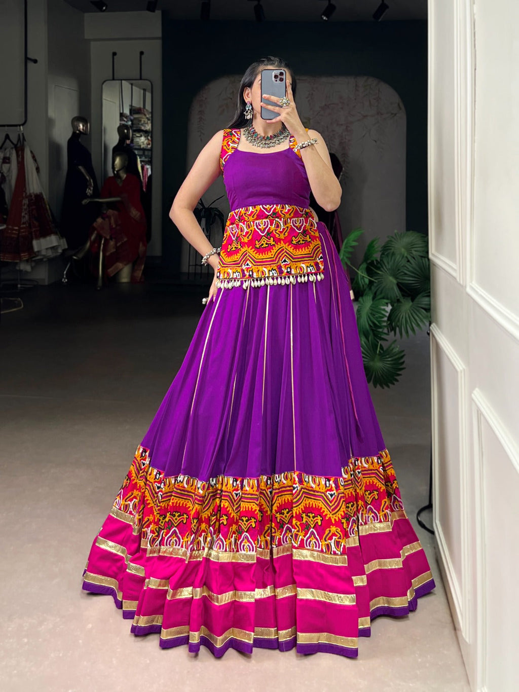 Purple pure rayon lehenga choli with intricate Gamthi embroidery and Gota Patti lace for Navratri