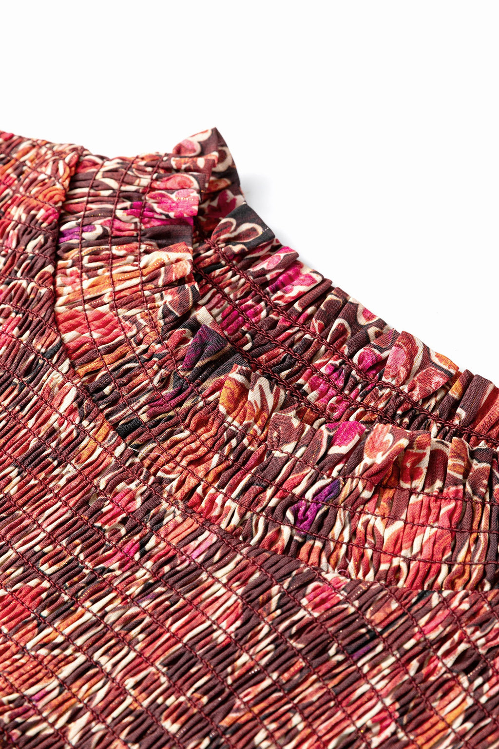 112 Red Floral Chiffon Long Sleeve Mini Dress - Shirred High Neck