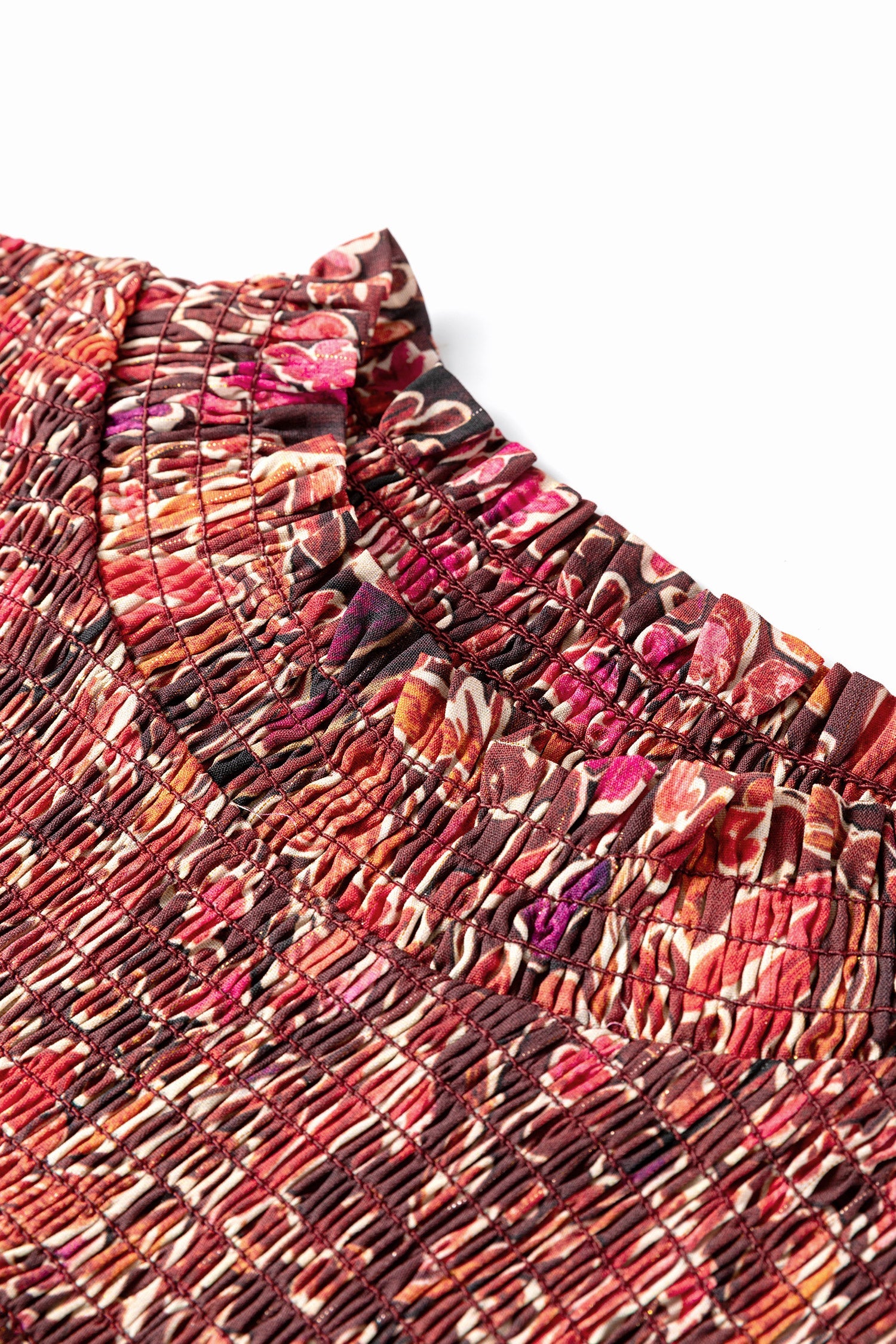 112 Red Floral Chiffon Long Sleeve Mini Dress - Shirred High Neck