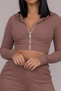 Brown Cropped Hoodie with Front Zip | Casual Style