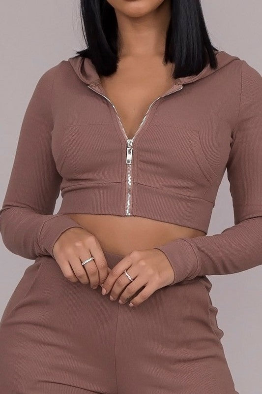 Brown Cropped Hoodie with Front Zip | Casual Style