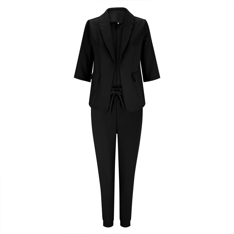 Women Notch-Lapel Blazer and Drawstring Pants Two-Piece Suit