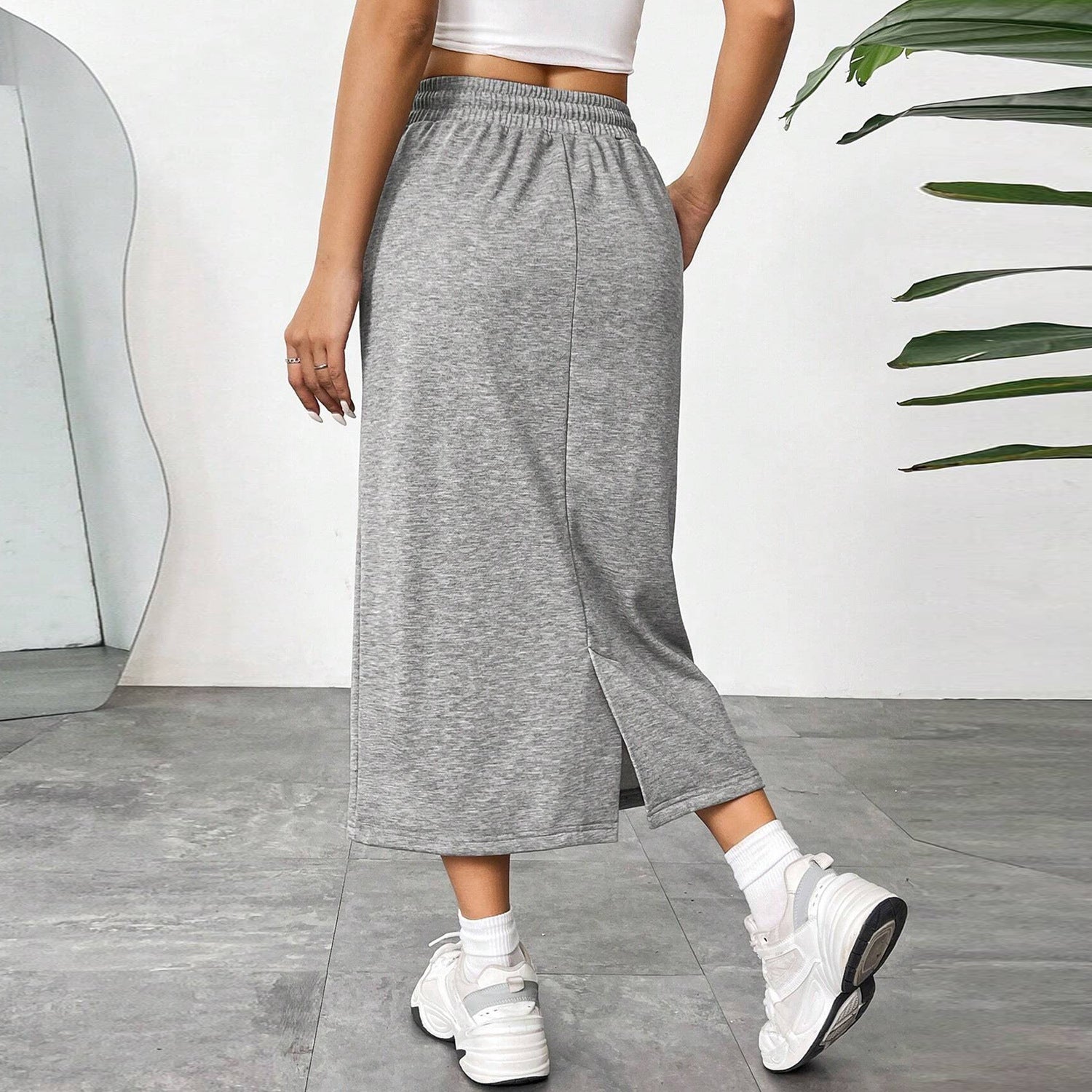 Women’s Elastic Waist Solid Midi Skirt Sporty Commute Wear
