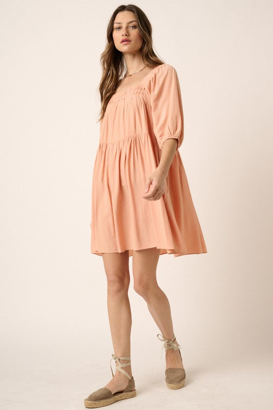 Pintuck Tie Back Mini Dress - Romantic Solid Cotton Summer Dress
