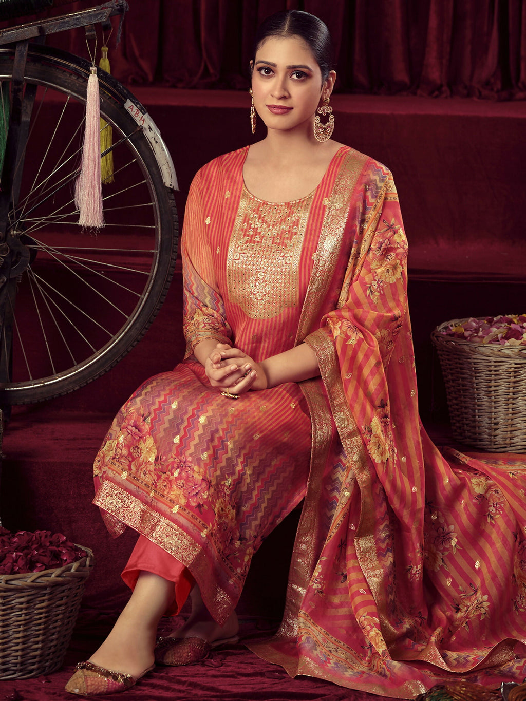 Women's Orange Organza Jacquard Straight Kurta Set with Dupatta