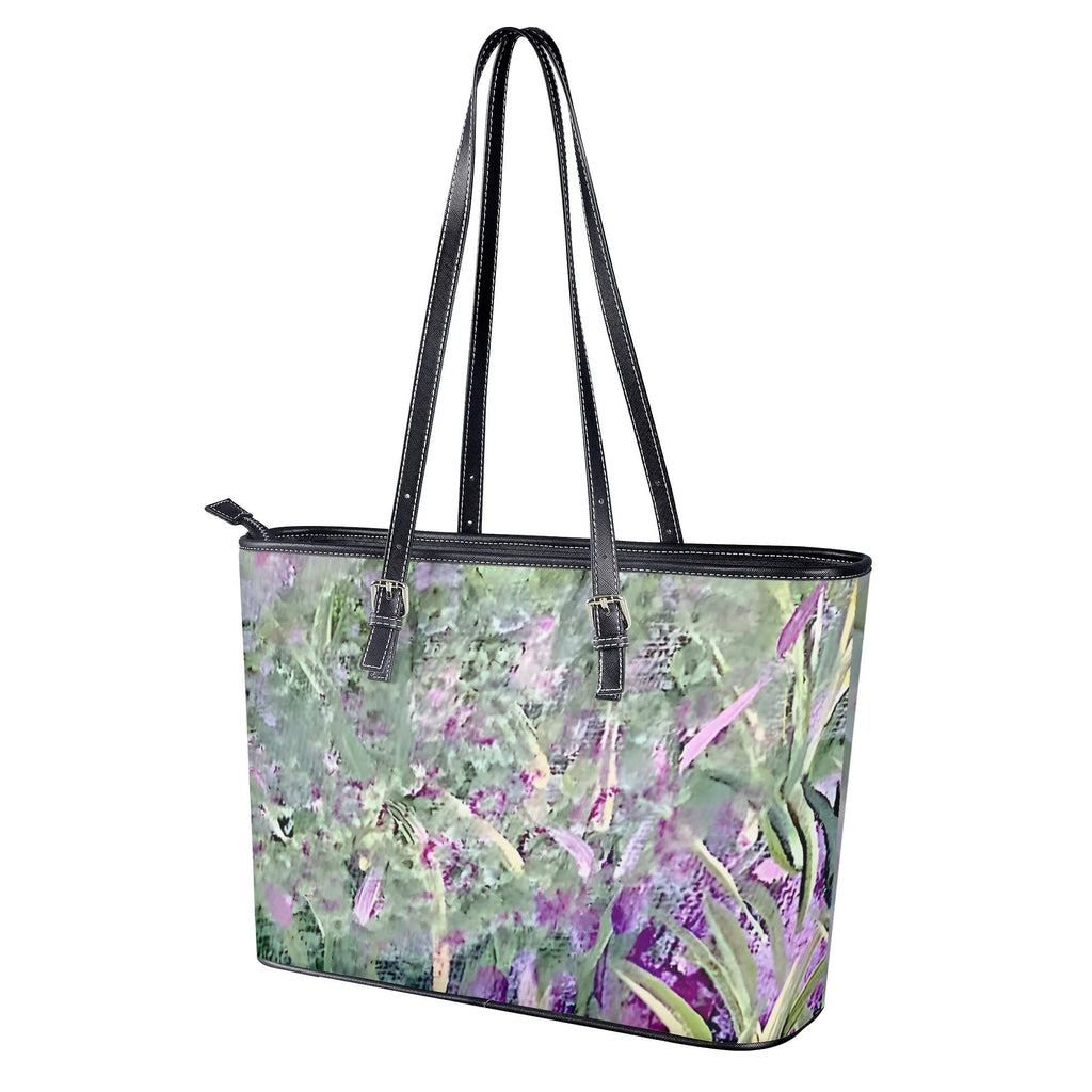 Misty Lavender Garden Leather Tote Bag