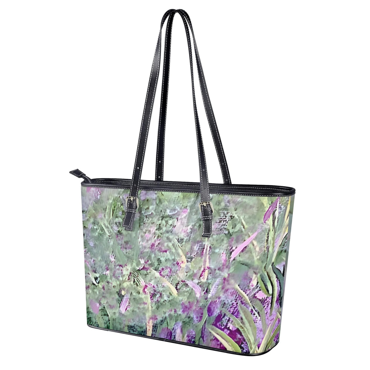 Misty Lavender Garden Leather Tote Bag