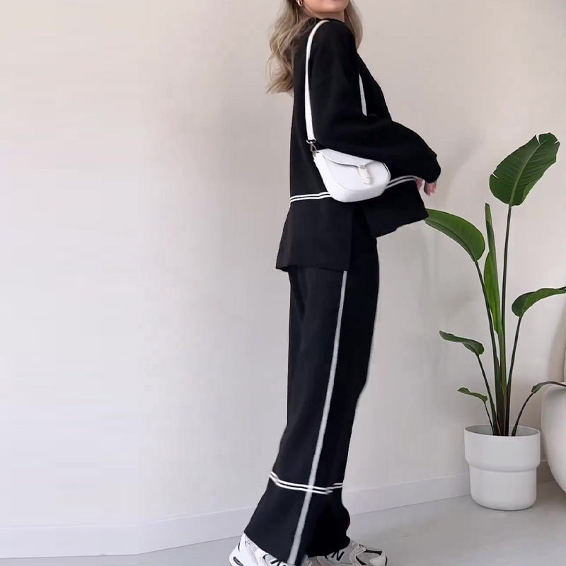 Women Solid Color Casual Knit Two-Piece Set Loose Top Bootcut - Image 4