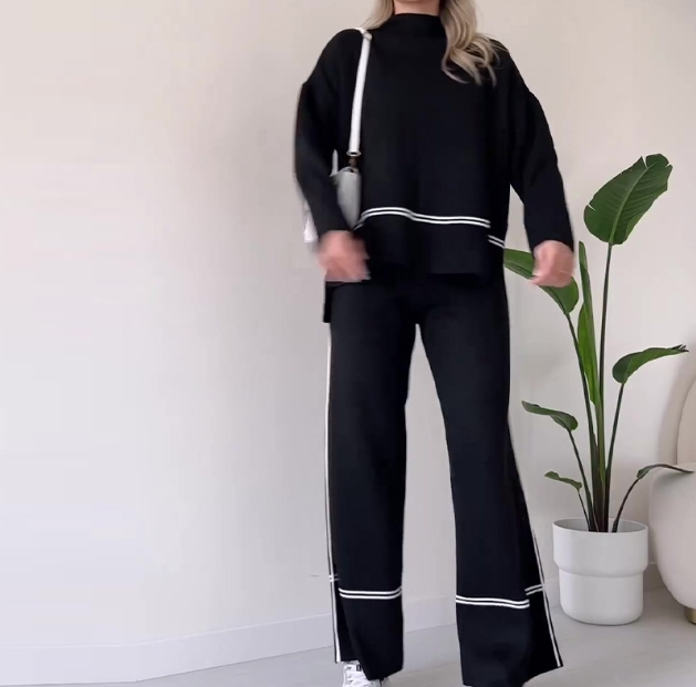 Women Solid Color Casual Knit Two-Piece Set Loose Top Bootcut - Image 7